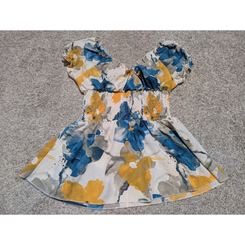Babydoll‎ Top Womens Small Blue Yellow Floral Y2K Smocked Milkmaid Fairy Shein